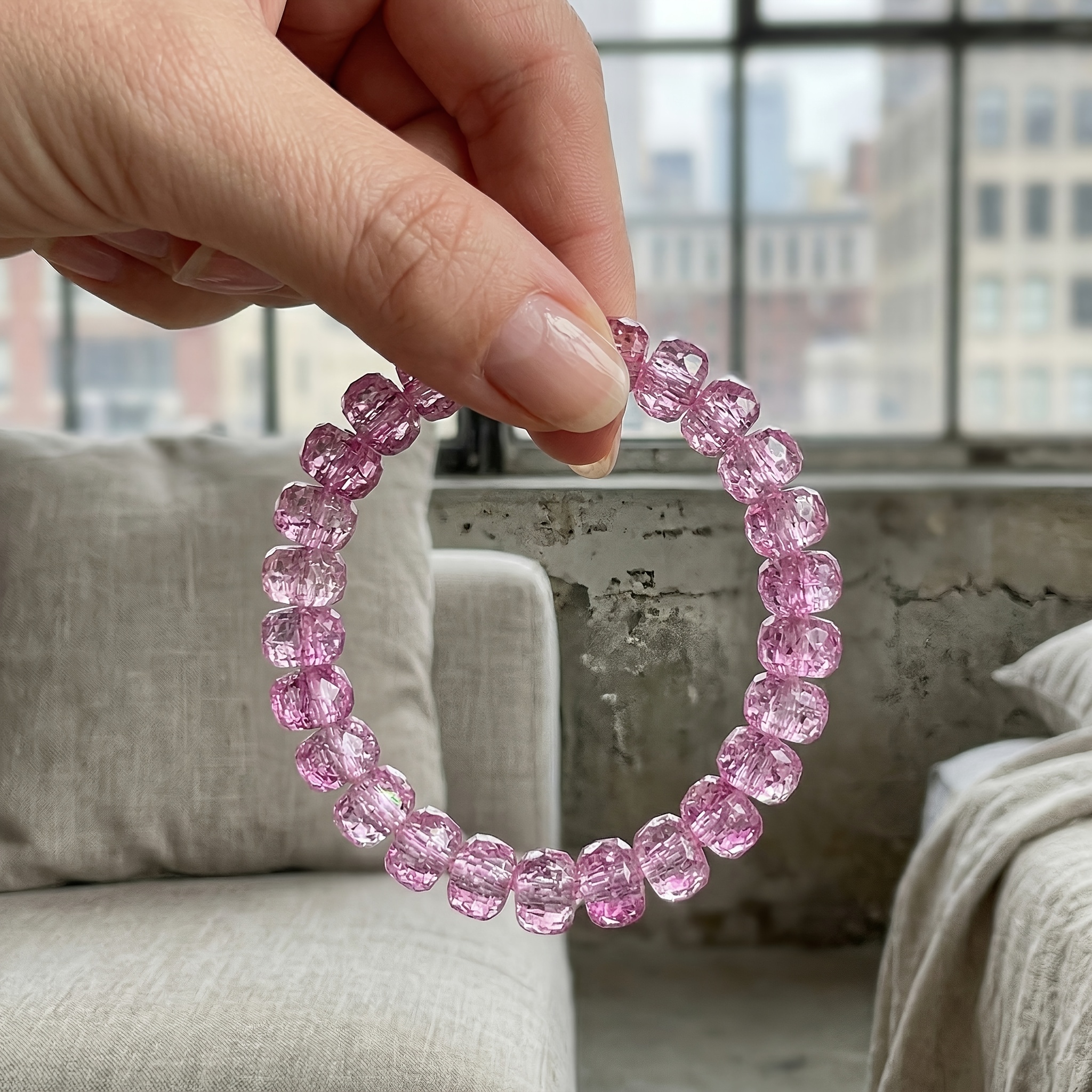 Natural Pink Crystal Multi-Faceted Cut Stretch Bracelet